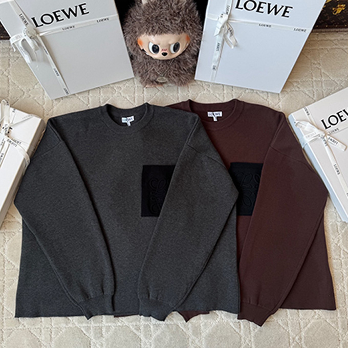 loewe double stitch cotton crew neck sweater with embossed patch pocket